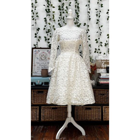 Vintage 60s White Lace Tea Dress Bridal Wedding Lorrie Deb Mod Party XS/S - Picture 2 of 12